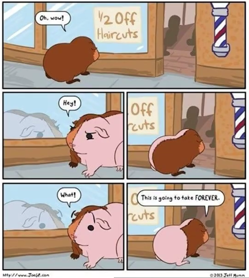 Comic in which a guinea pig interprets a half-off haircut literally and concludes that cutting the other half will take forever.